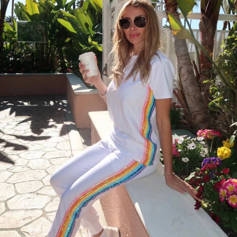 Lola + The Boys White Jogger Set with Rainbow Stripes